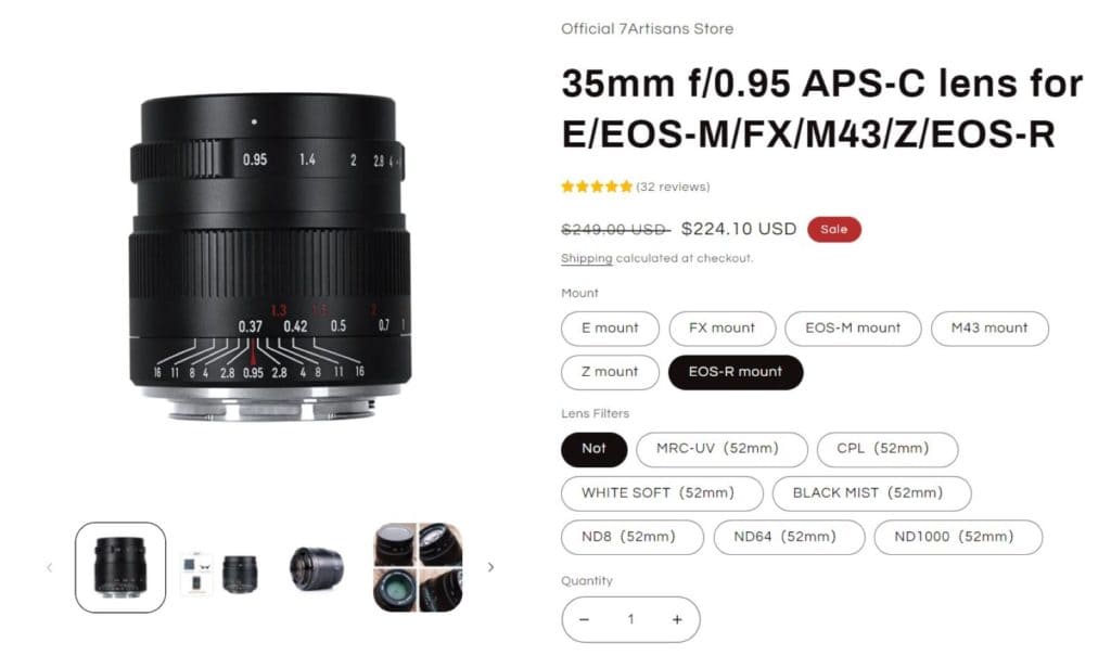 Obiettivo presentato 7artisans 35mm F/0.95 con attacco Canon RF