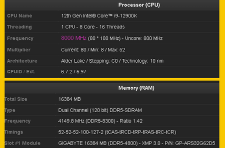 Intel Core i9-12900K overcloccato a 8 GHz e memoria DDR5 a 8300 MHz di frequenza effettiva