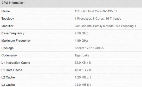 Core i9-11950H가 테스트에 등장했습니다.