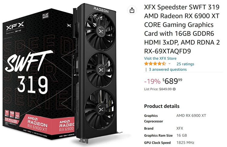 Radeon RX 6900 XT는 이미 미국에서 700달러 미만, 유럽에서 740유로 미만으로 판매되고 있습니다.